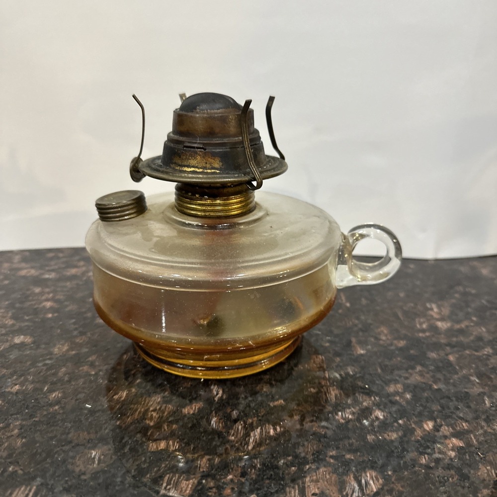 Vintage Clear Glass Oil Lamp Lantern with Antique Brass Metal Burner Finger Lamp